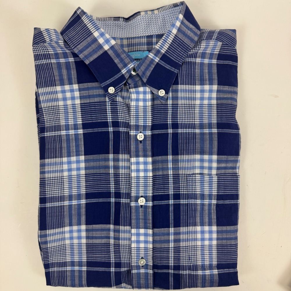 J. McLaughlin Modern Fit Blue Plaid Cotton Flannel Button‎ Down Shirt Men's L